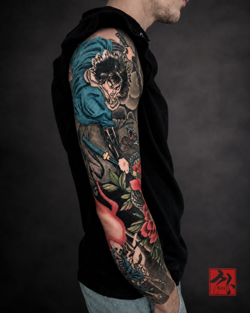 Full bras Samurai — tatouage par Kuto, tatoueur Paris / Levallois (Japonais)